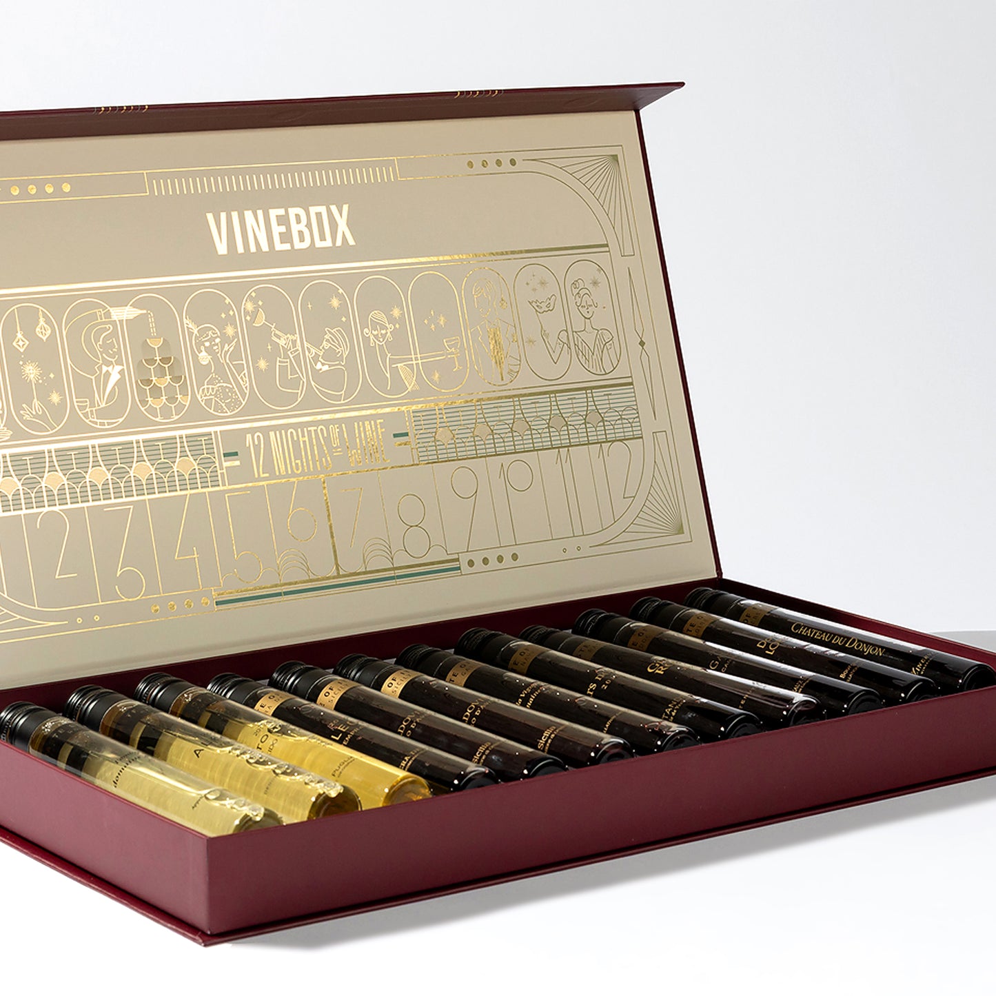 Vinebox wine gift set with bottles inside an open box on a white background