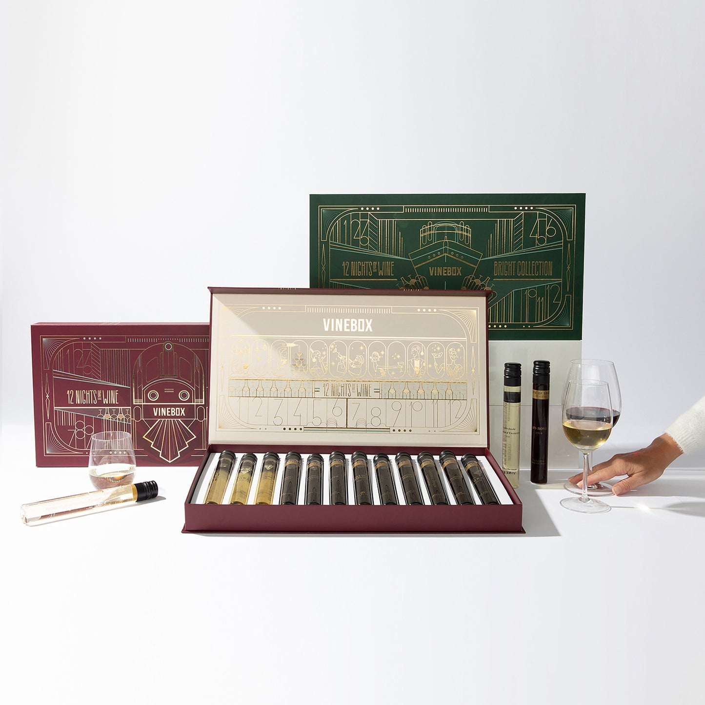 Vinebox wine gift set with wine glasses and a bottle