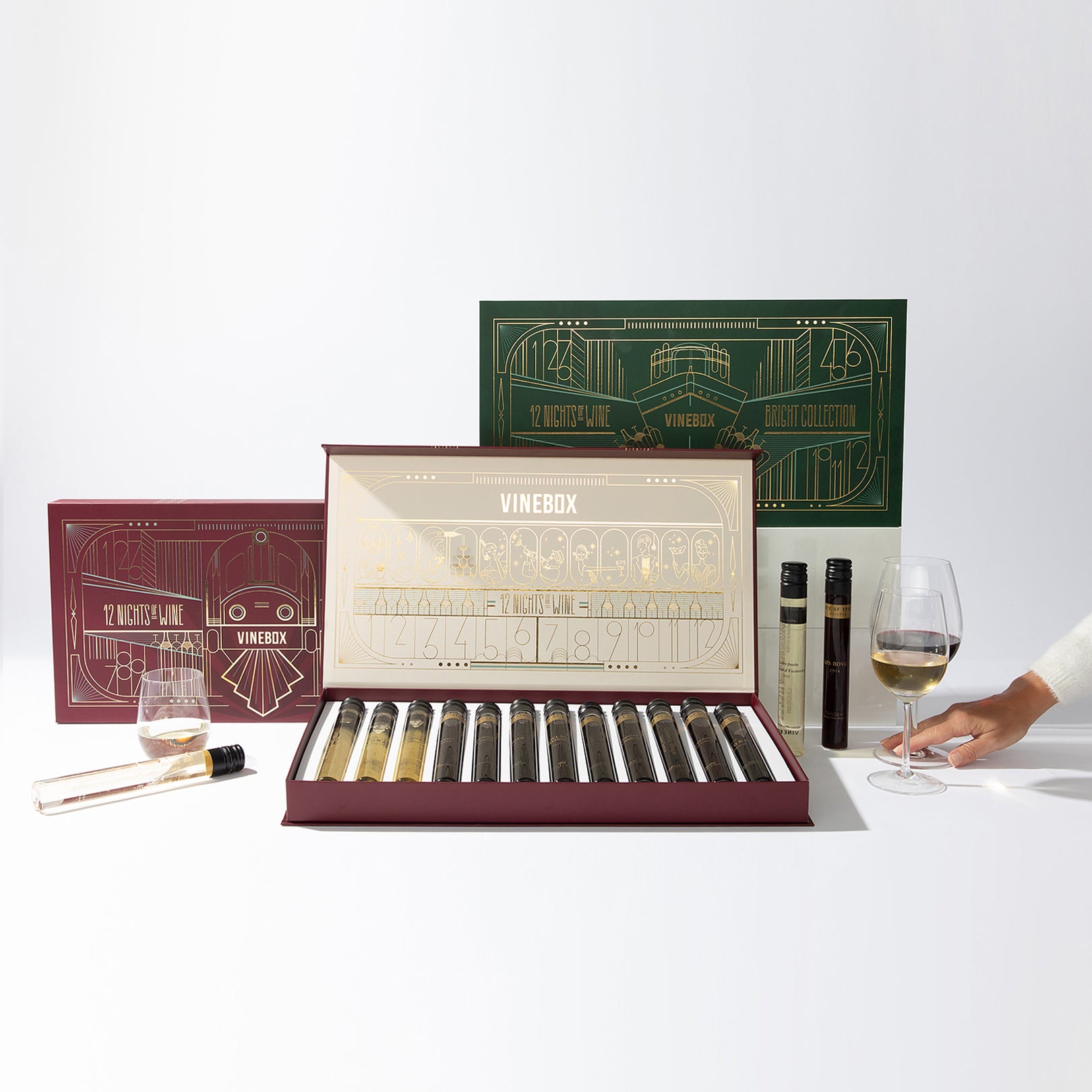 Vinebox wine gift set with wine glasses and a bottle on a white background