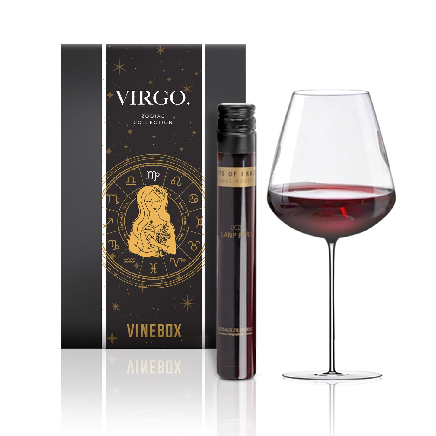 Vinebox Virgo Zodiac Collection wine bottle and glass with box on a white background