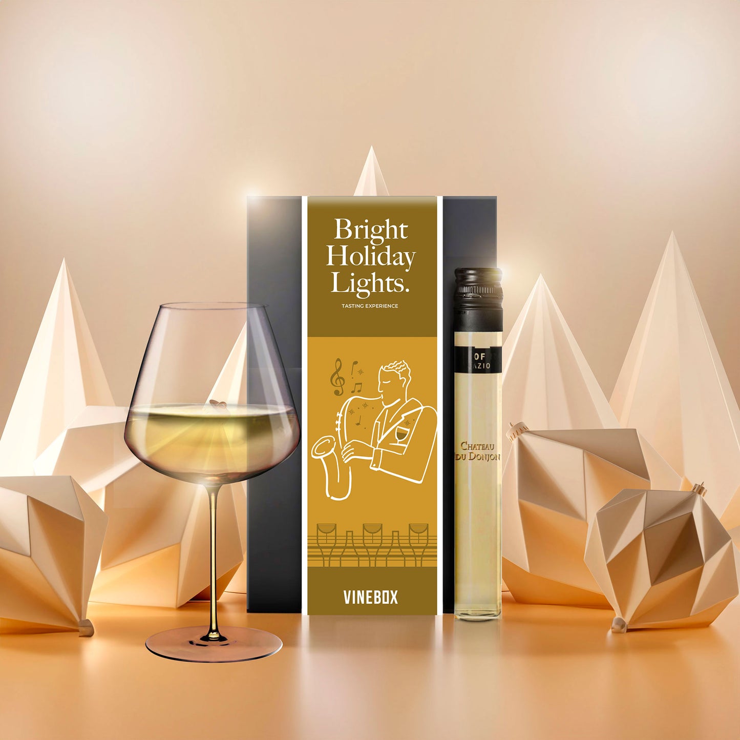 Vinebox Bright Holiday Lights gift set with a wine glass, a bottle, and decorative trees