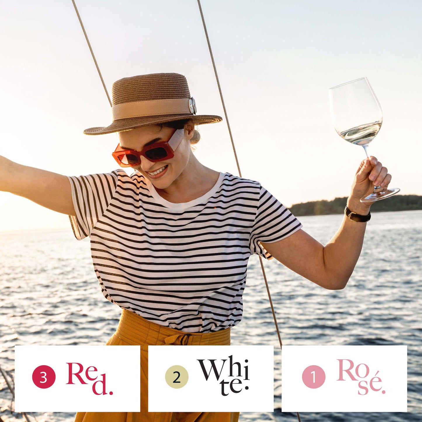 Woman on a sailboat holding a glass of wine with 'Red', 'White', and 'Rose' text.
