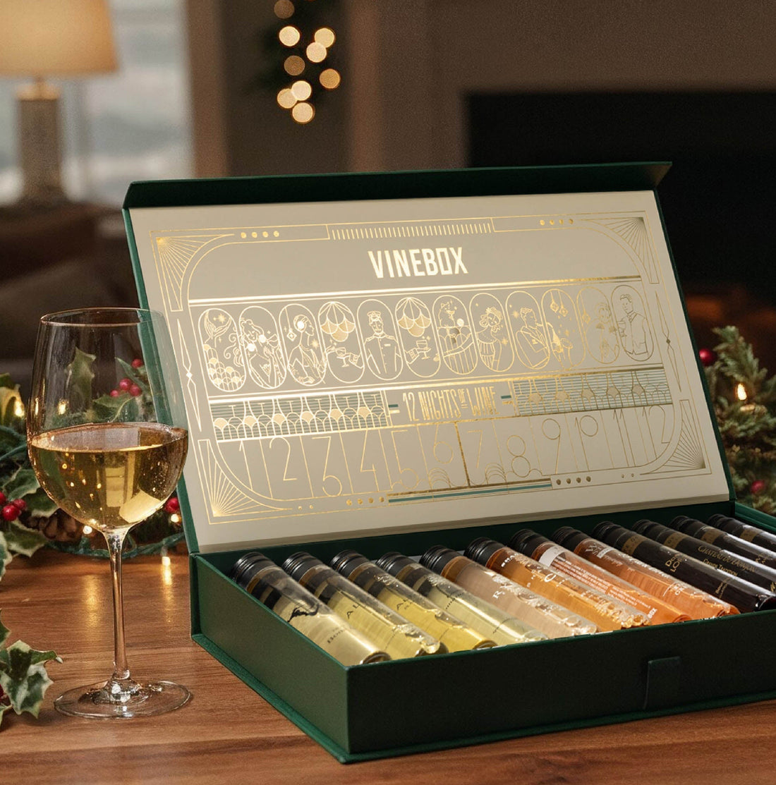 VINEBOX 12 Nights of Wine advent calendar in bright festive holiday packaging