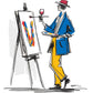 Illustration of a painter with an easel and palette, holding a glass of wine.