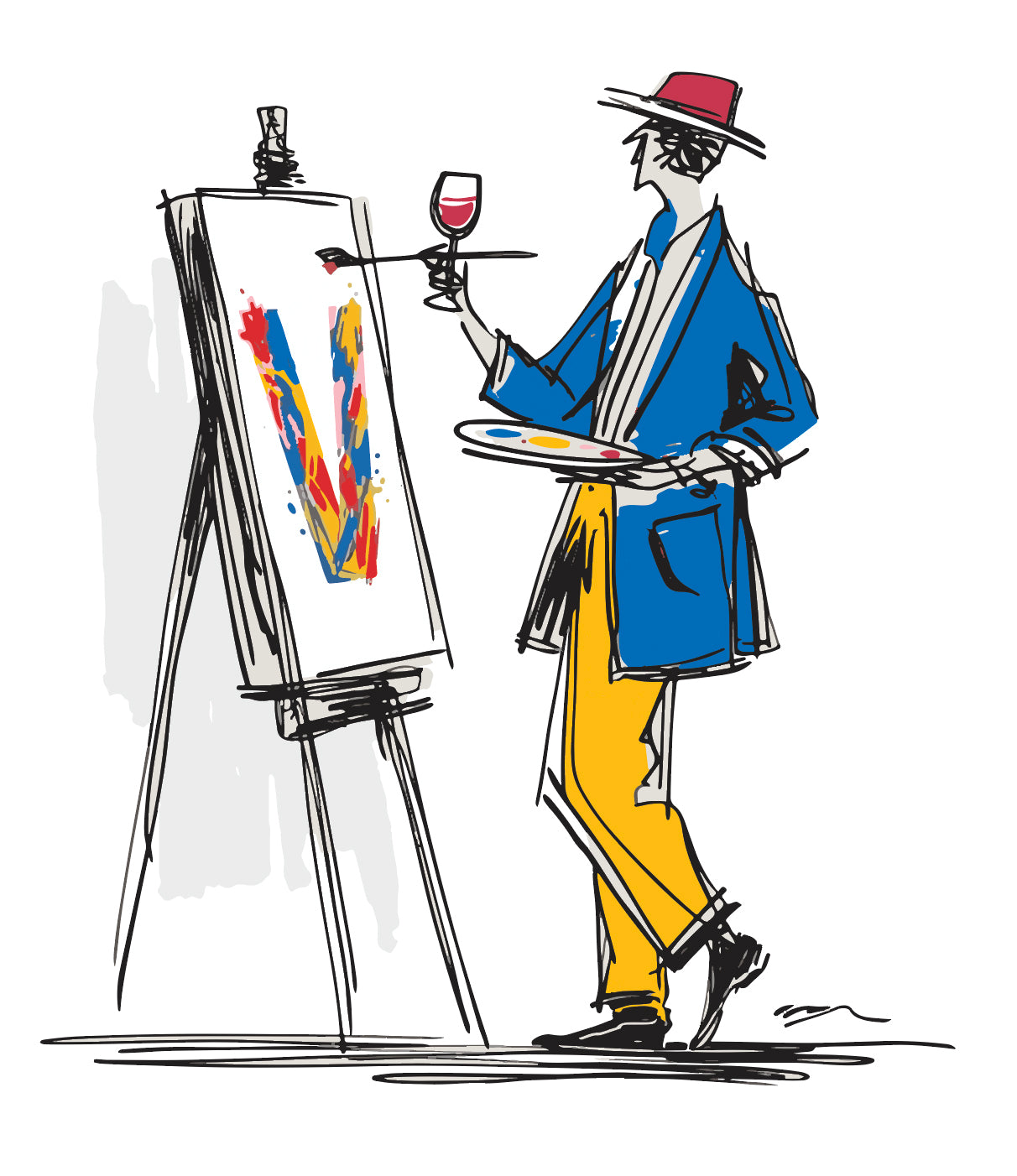 Illustration of a painter with an easel and palette, holding a glass of wine.