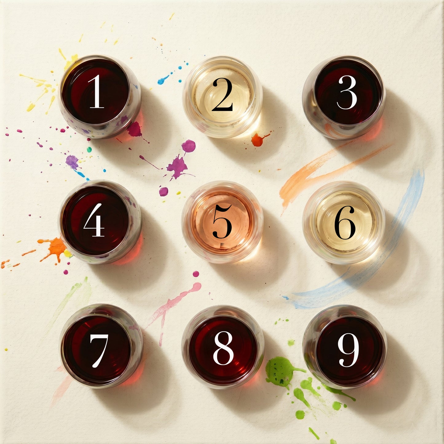 Nine small bottles of wine with numbers on a colorful splatter background