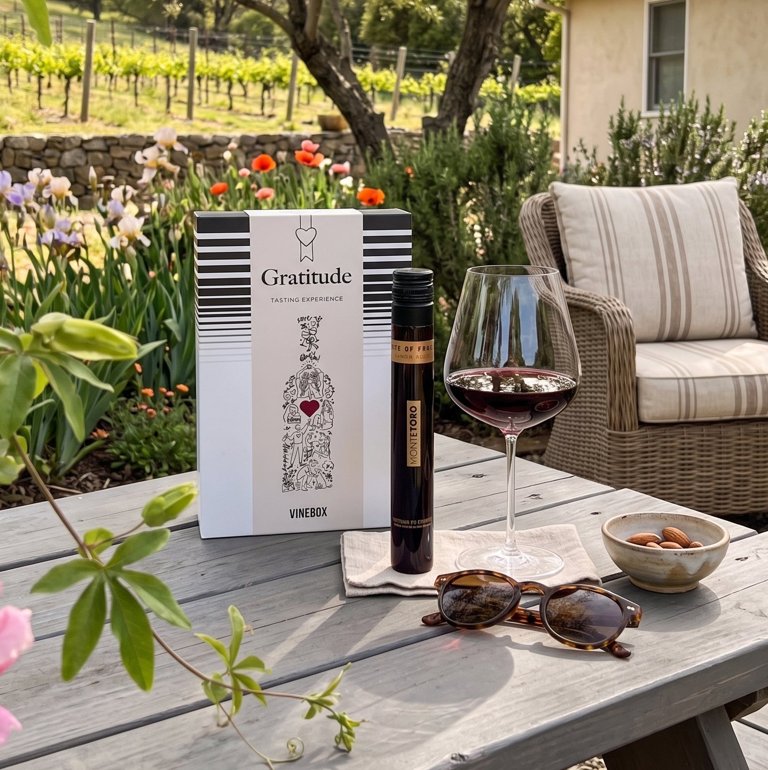 Vinebox Gratitude 9-wine tasting wine gift  box, bottle, glass of red wine, sunglasses, and bowl on a table with a vineyard background