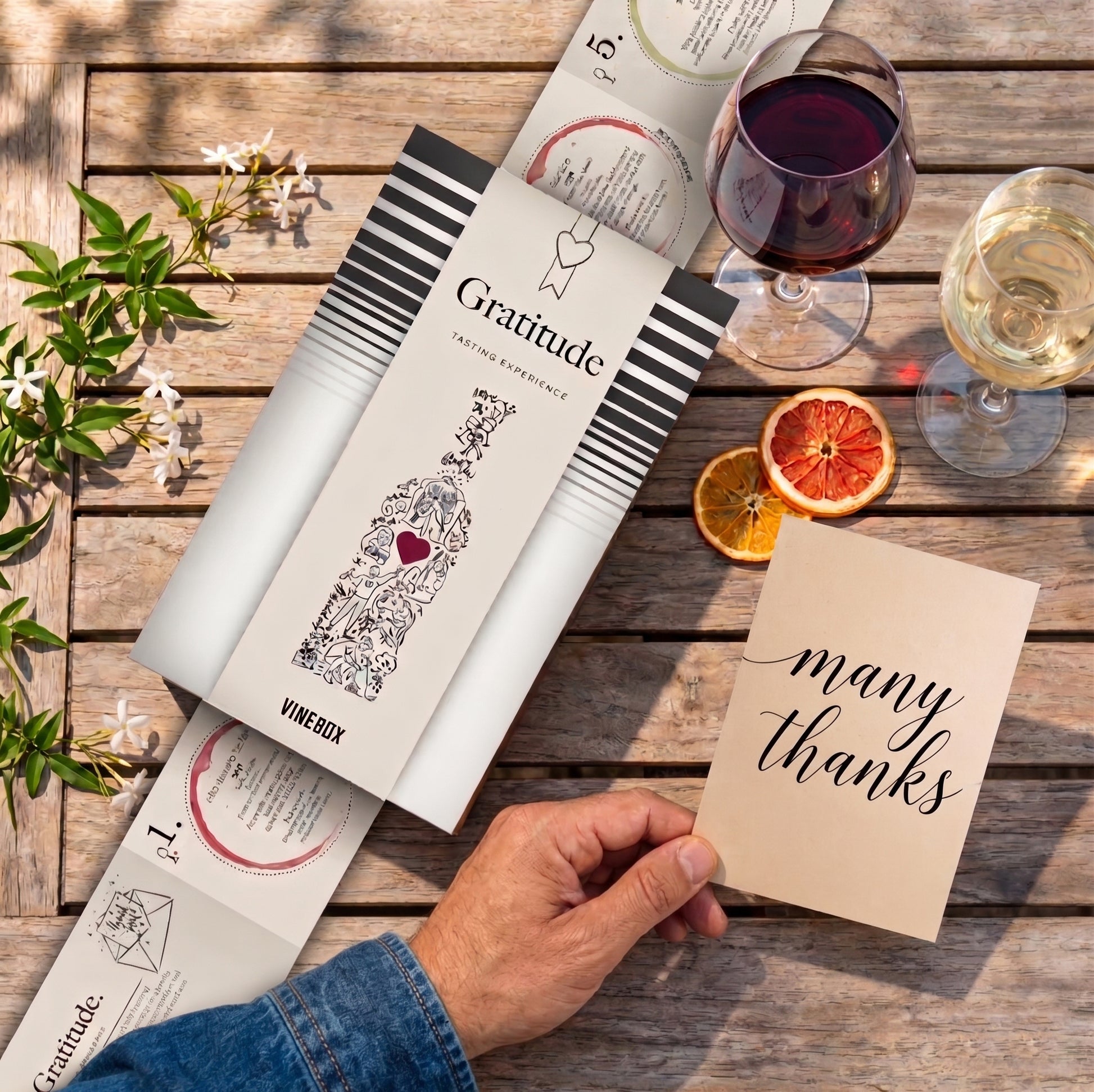 Vinebox Gratitude 9-wine tasting gift box with thank you theme 'Gratitude' card and a glass of wine on a wooden table.