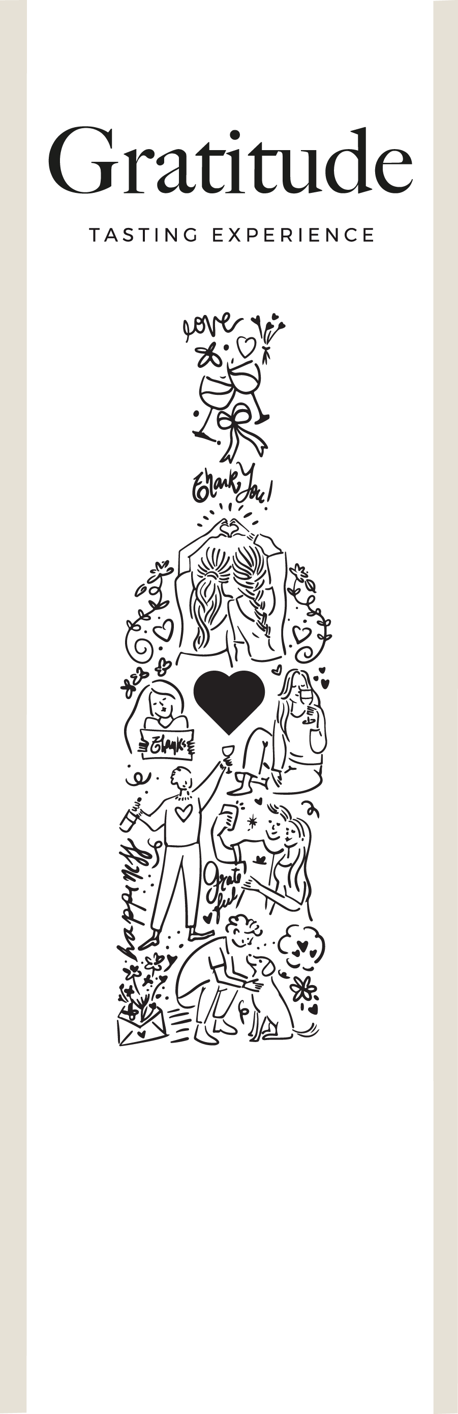 Wine bottle label with illustrations and the word 'Gratitude' on a beige background