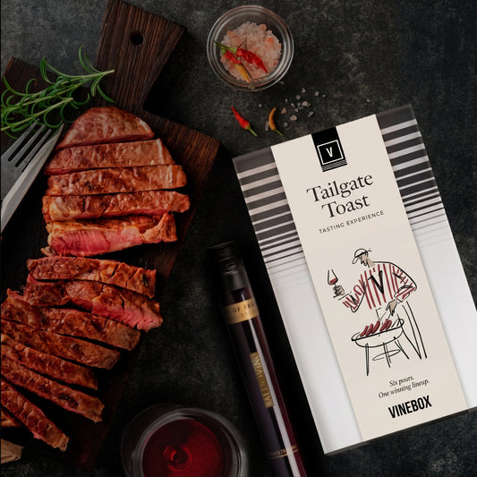 VINEBOX Tailgate Toast September box of the month styled with wine vials and game-day snacks