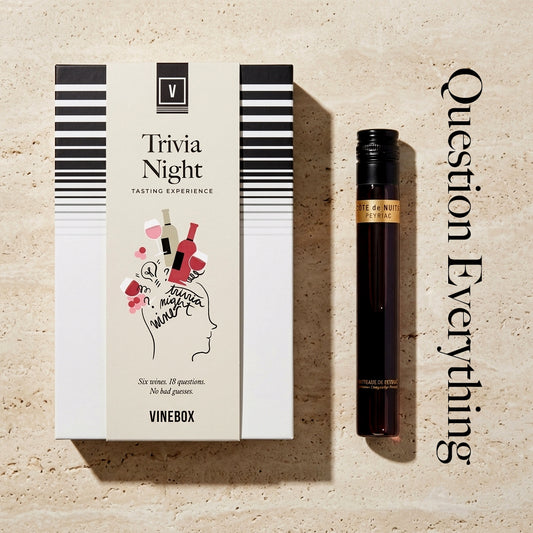 Vinebox Trivia Night tasting box flatlay with six 100ml wine vials
