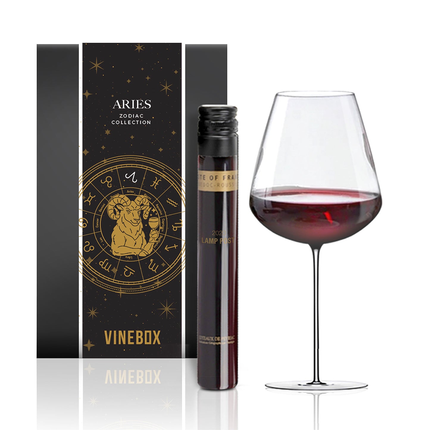 Vinebox Aries zodiac collection wine bottle with a glass of red wine on a white background