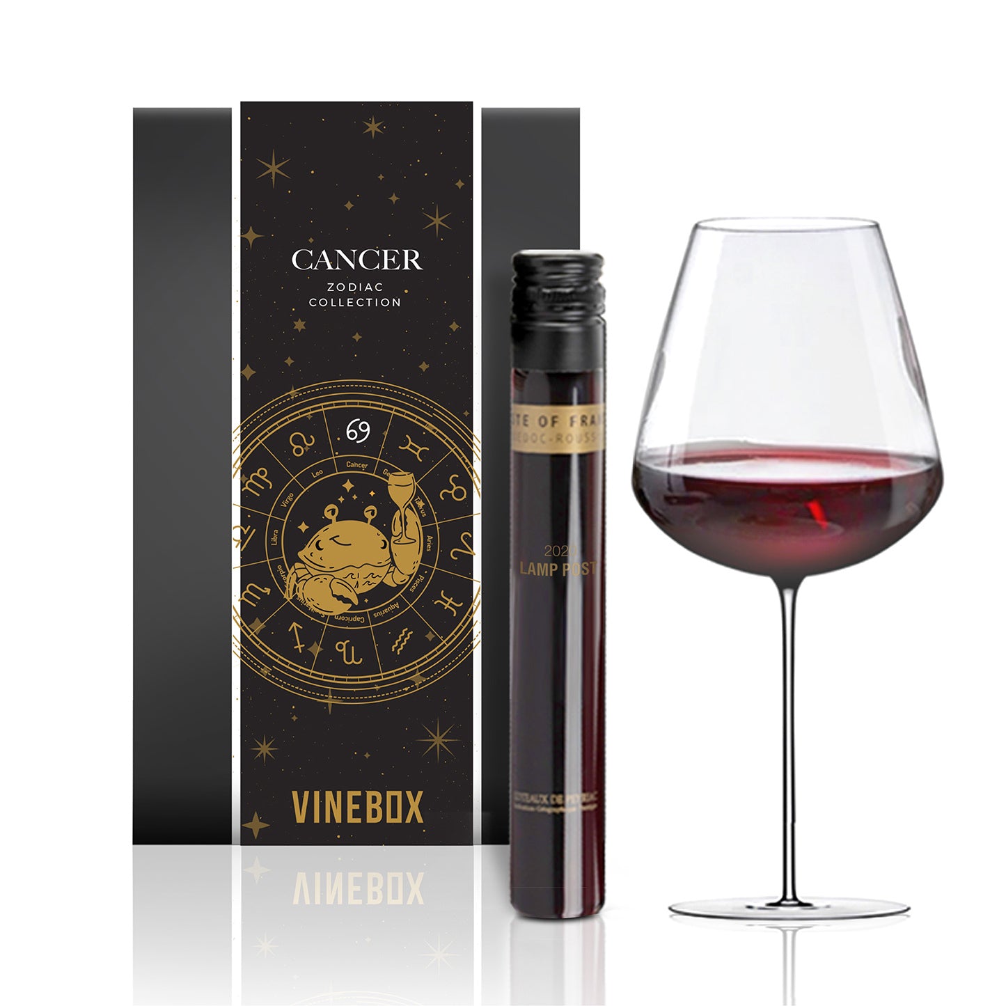Vinebox Cancer zodiac collection wine bottle with a glass of red wine on a white background