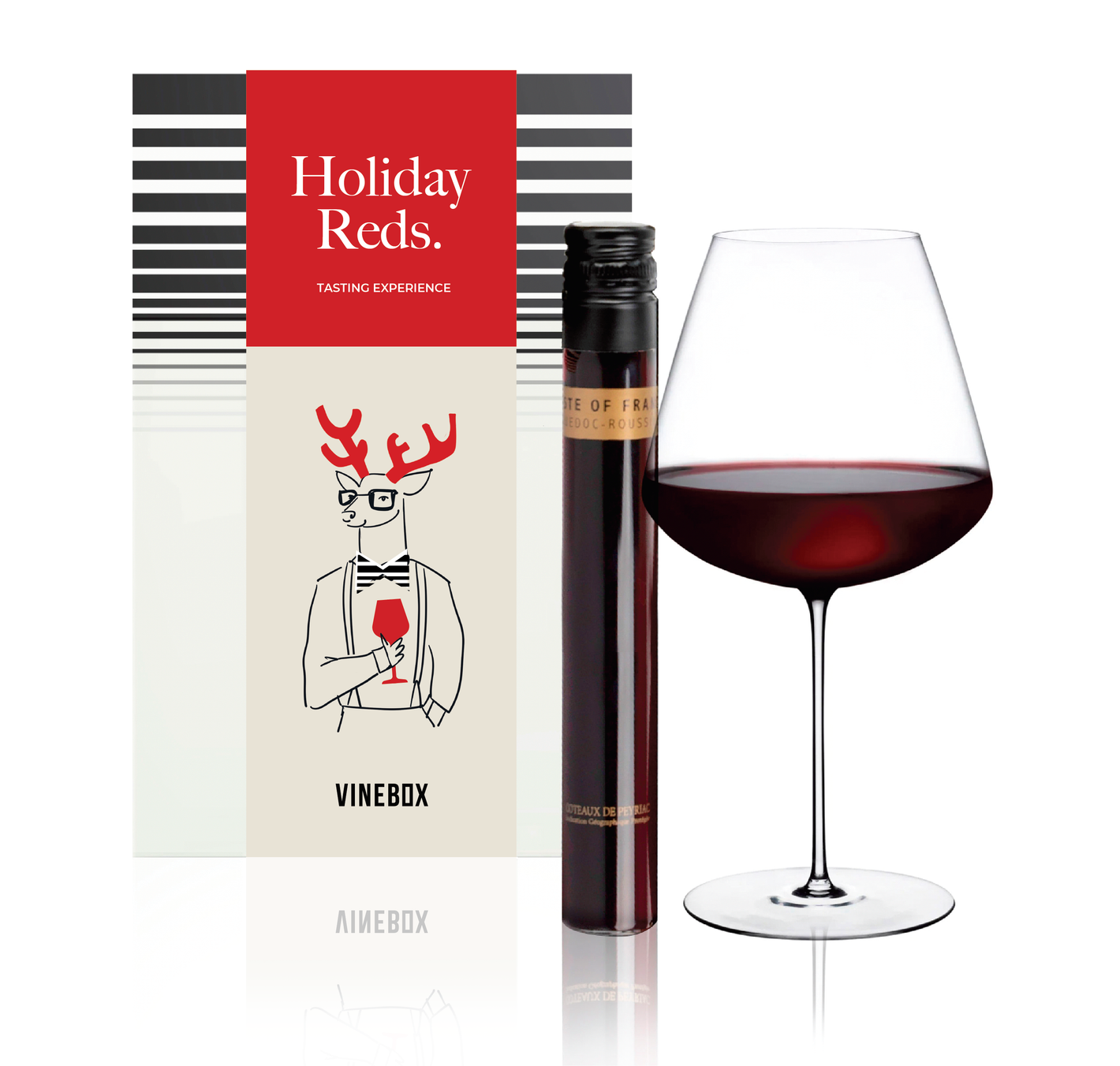 Vinebox holiday red wine tasting experience set with a glass of red wine.