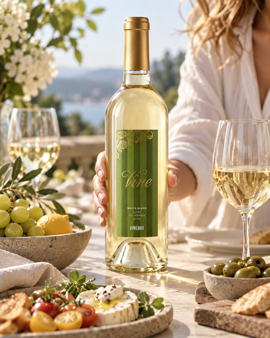 Vinebox Vine White Blend bottle styled in a lifestyle scene