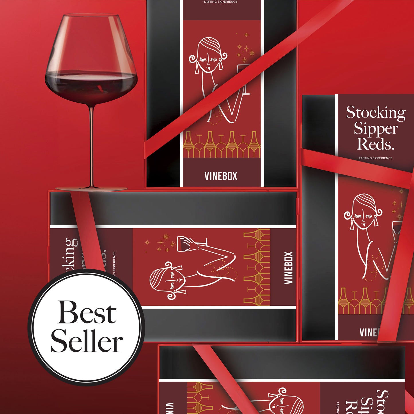 Vinebox wine subscription boxes with a glass of red wine on a red background, featuring the 'Best Seller' label.