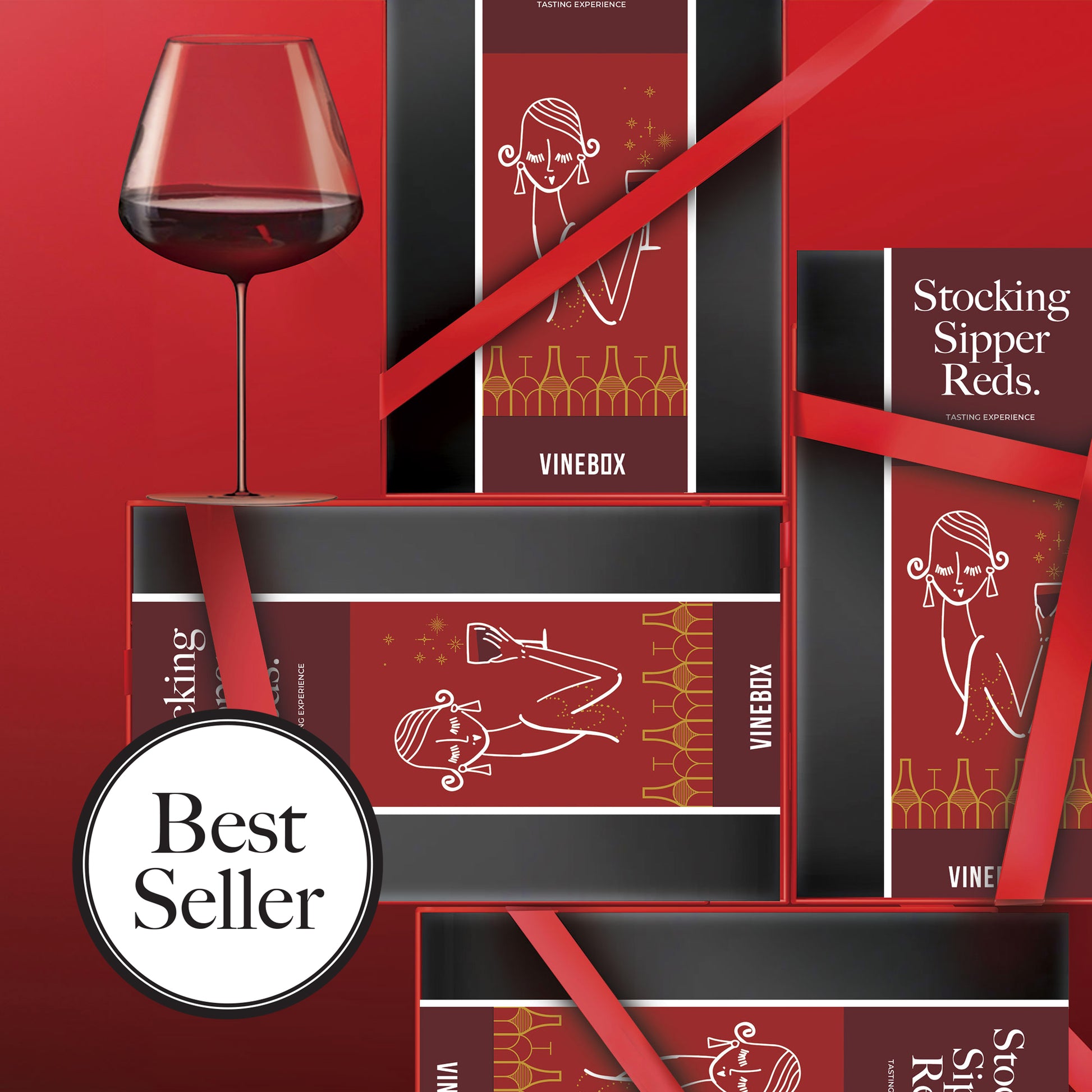 Vinebox wine subscription boxes with a glass of red wine on a red background, featuring the 'Best Seller' label.