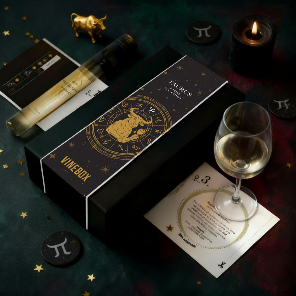 Vinebox Wine box with Taurus zodiac design, wine bottle, glass, and card on a dark surface with star and moon decorations.