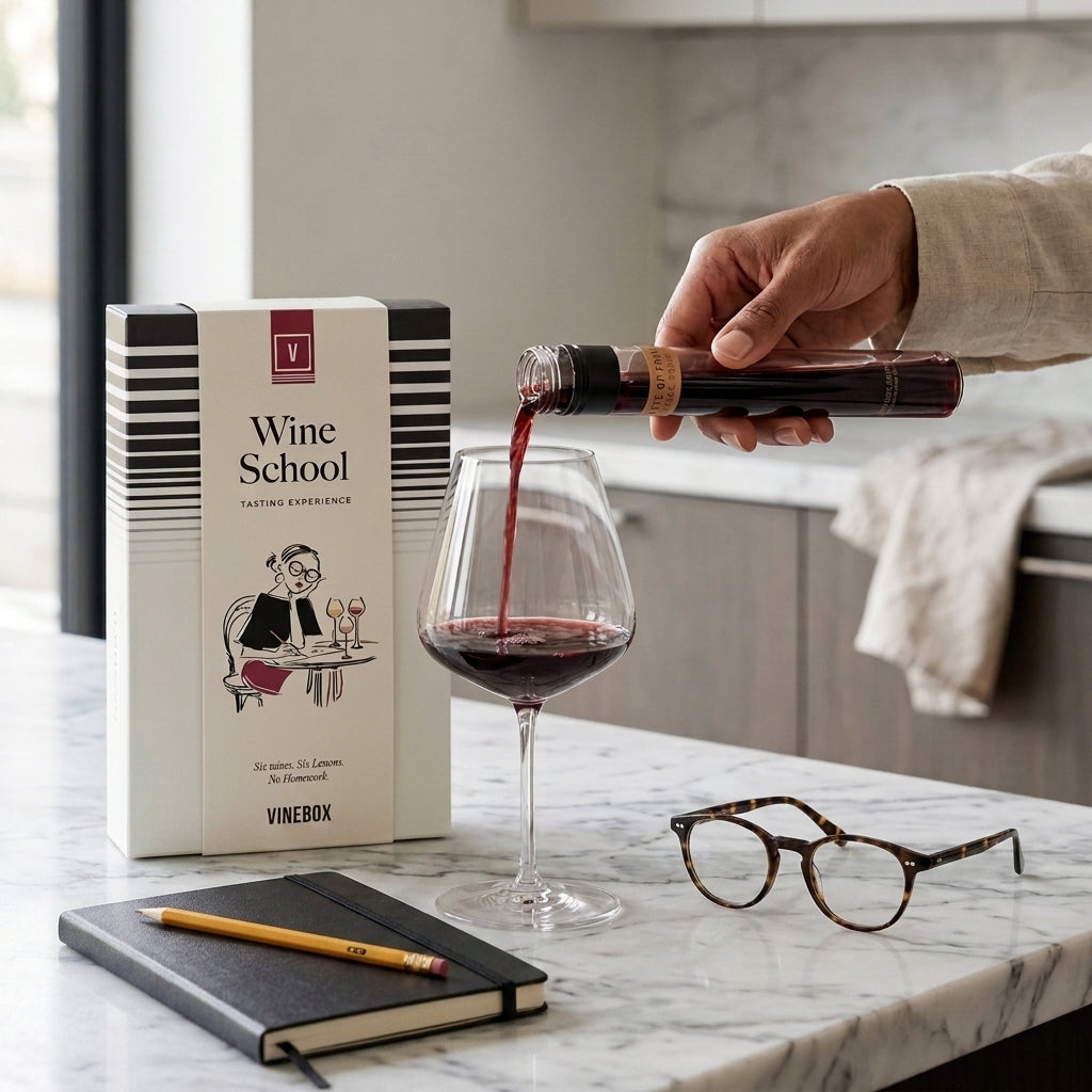 Vinebox Wine School monthly wine box with six 100ml wine tubes and tasting mat