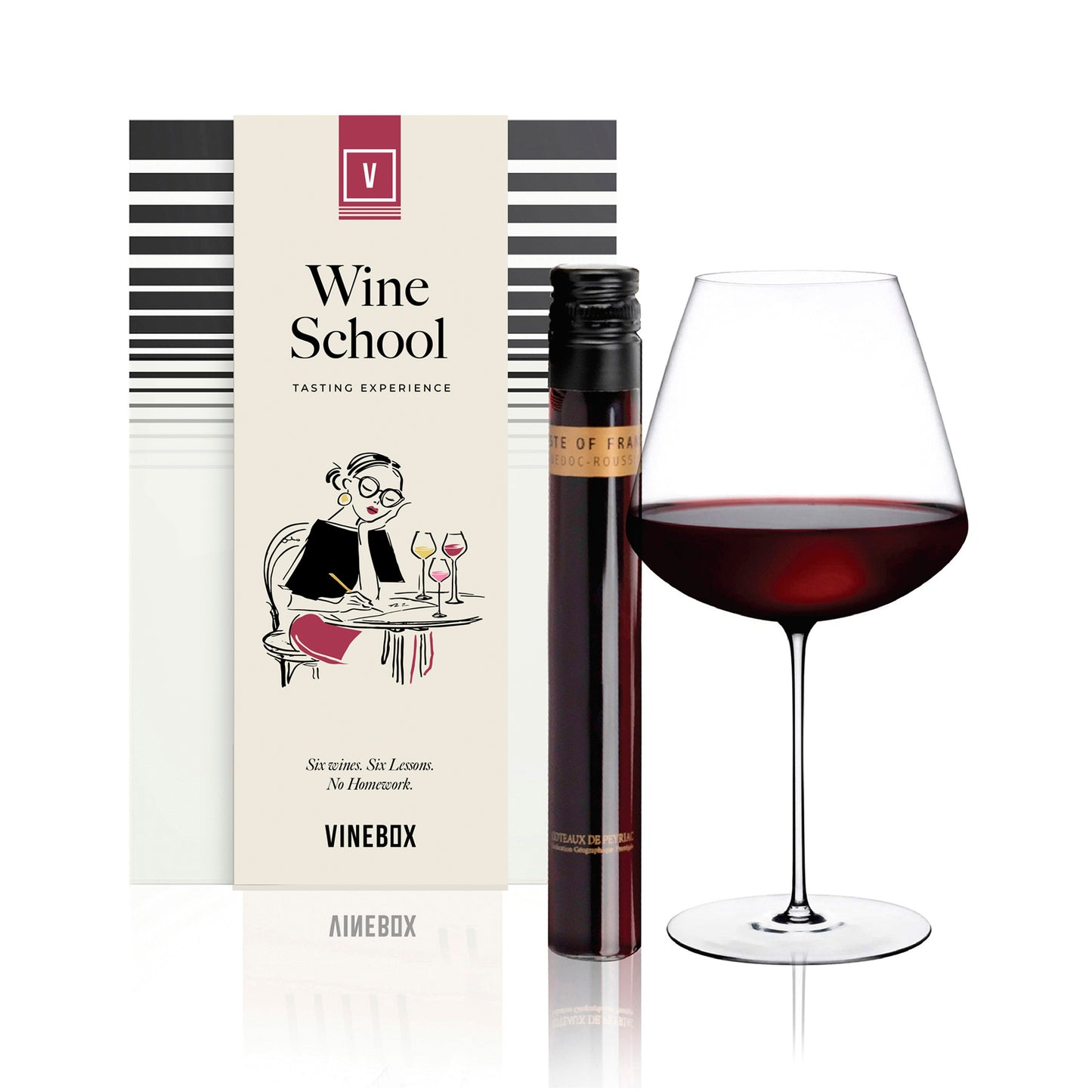 Vinebox Wine School August tasting box with a poured glass of wine