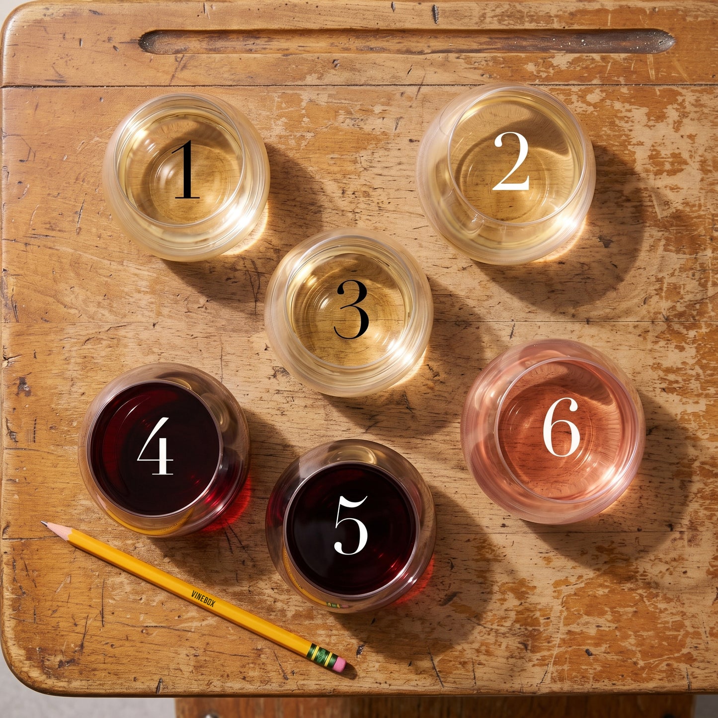 Six numbered Vinebox wine tubes from the Wine School monthly tasting experience
